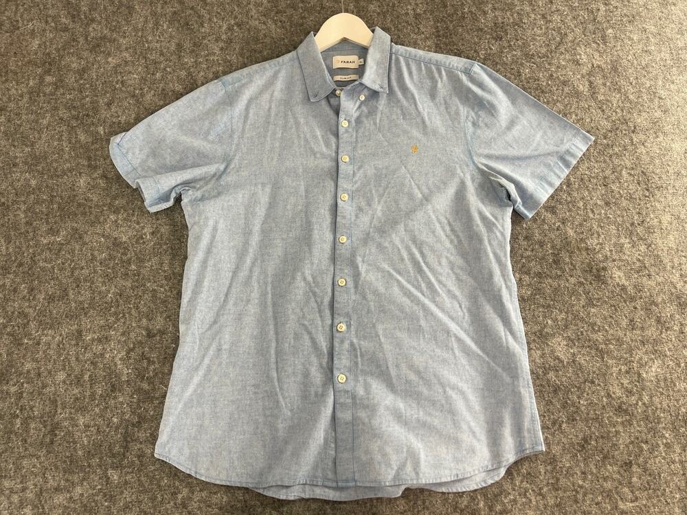 Farah Shirt Mens XL Slim Fit Blue Button Up Short Sleeve Casual Cotton N114